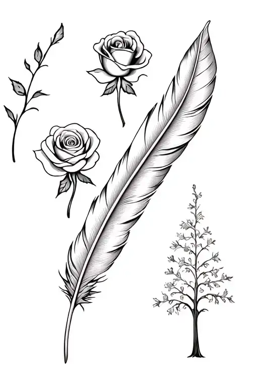 1 Feather, 1 Rose and 1 Tree, symbolises my 3 dead grandparents tattoo design idea