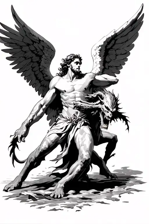 angel Gabriel fighting demon tattoo design idea