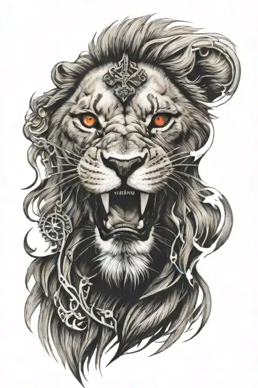 lion head with a cross over the left eye and red eye right tattoo design idea