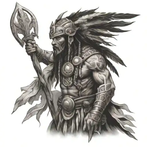 A mystical shaman warrior leading an army through different time periods tattoo design idea