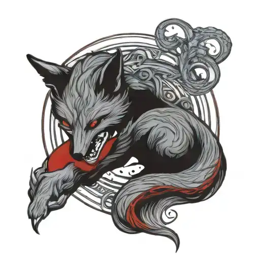 Ouroboros fox tarot devil in red and blue tones tattoo design idea