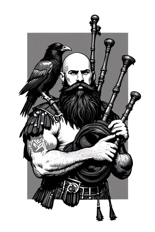 bald bagpiper with black beard with crow featherd muscular body with a mans head and hands playing blackbagpipes tattoo design idea