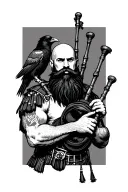 bald bagpiper with black beard with crow featherd muscular body with a mans head and hands playing blackbagpipes tattoo design idea