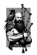 bald bagpiper with black beard with crow featherd muscular body with a mans head and hands playing blackbagpipes tattoo design idea