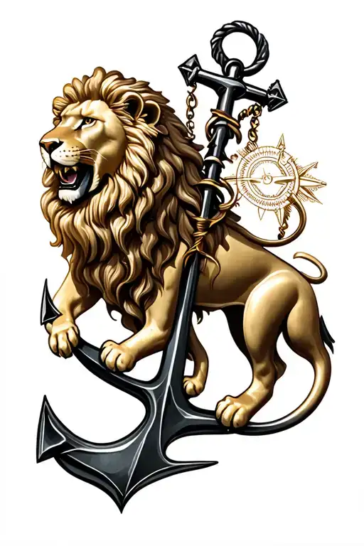 maculine realistic lion anchor compass tattoo design idea