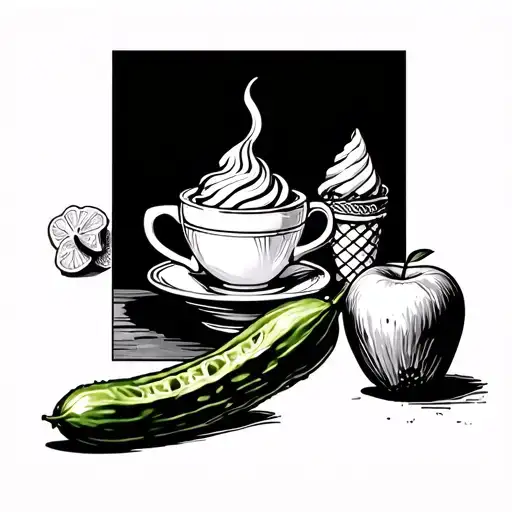 four squares with a pickle, a tea cup, a ice cream cone, and an apple tattoo design idea