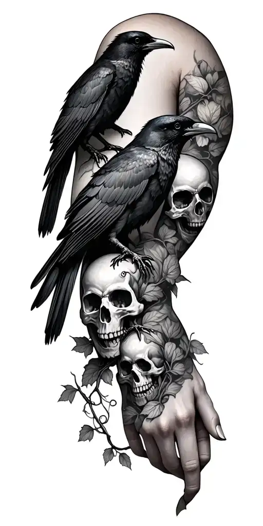 vine wrapping around arm with crows and skulls on it tattoo design idea