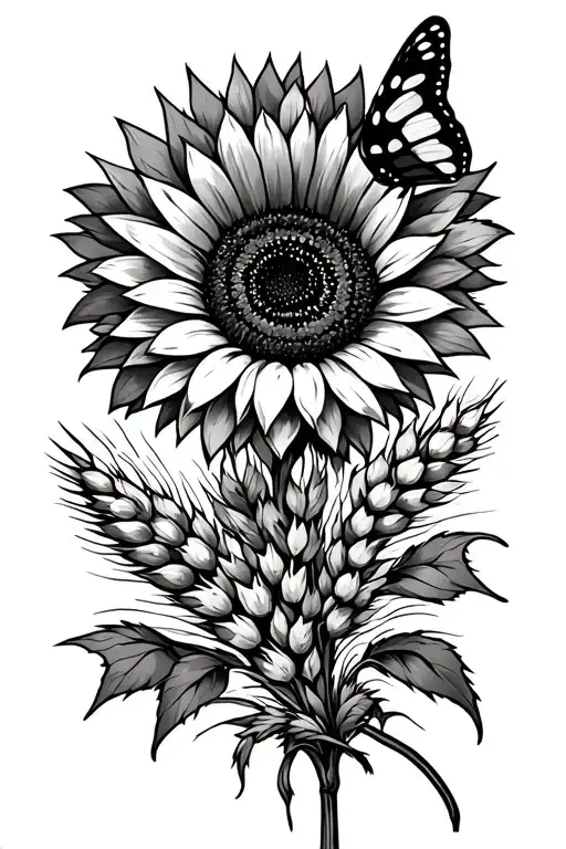 barbed wire, sunflower, wheat, butterfly tattoo design idea