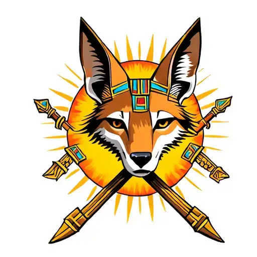 american traditional egyptian jackal with fur like anubis two crossed spears and a sun in the background,  tattoo design idea