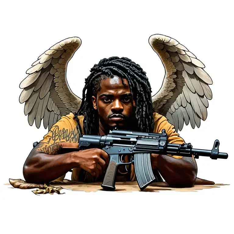 black african angel holding a ak 47 assault rifle leaning tattoo design idea