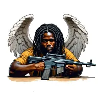 black african angel holding a ak 47 assault rifle leaning tattoo design idea