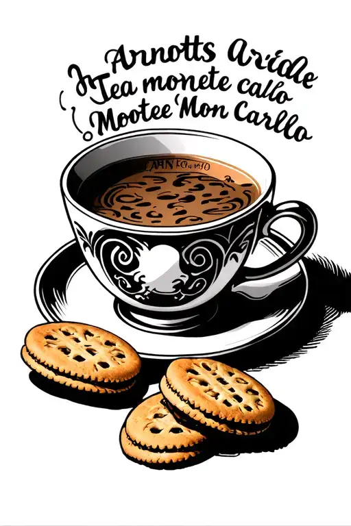 a tea cup tattoo with a couple of Arnotts Monte Carlo biscuits near it with writing on the inner lip of the cup. tattoo design idea
