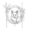 kitsune fox, framed by bamboo, inside of a japanese fan tattoo design idea