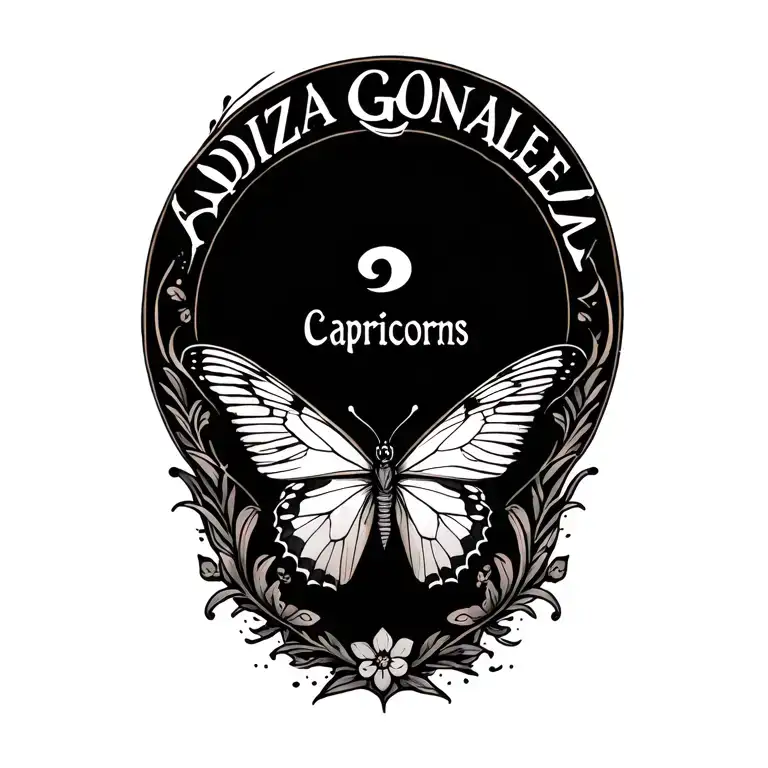 Semicolon butterfly tattoo with the name Adiza Gonzalez as the wings encased in a Capricorns over the outside tattoo design idea
