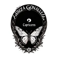 Semicolon butterfly tattoo with the name Adiza Gonzalez as the wings encased in a Capricorns over the outside tattoo design idea