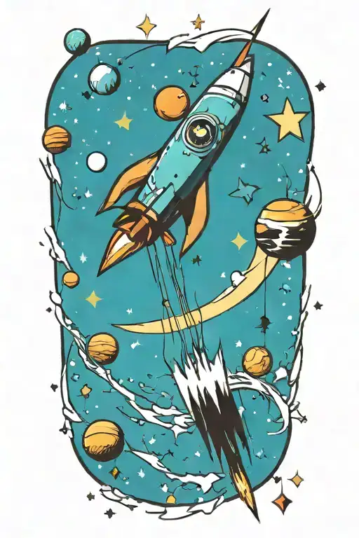rocket with planets, stars and music notes flowing tattoo design idea