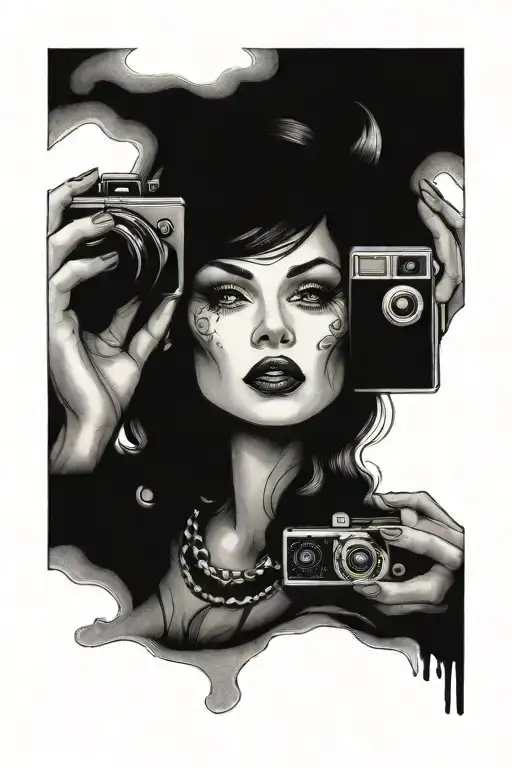 nude lady and cameras tattoo design idea