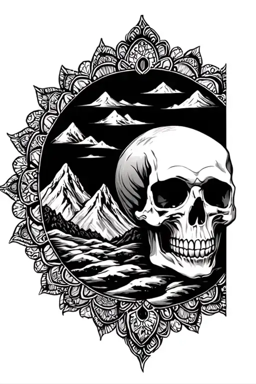 mandala design with skull and mountain ranges fading into the distance tattoo design idea