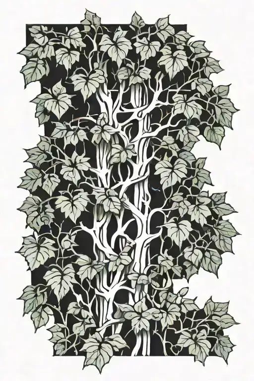 a ivy climber tree kind of design from foot to thigh showing some leaves, patterns tattoo design idea