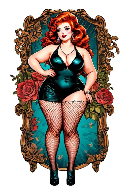 pinup girl standing,fishnets,chubby,sexy,redhead tattoo design idea