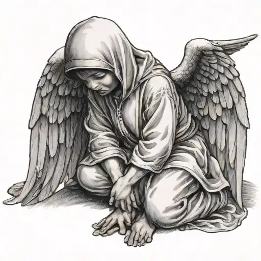 an angel is sitting on his knees in a tunic and praying, he has a balaclava on his head, and this angel looks like a child tattoo design idea