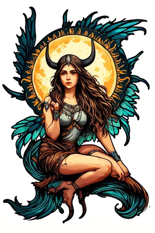 female viking fairy sitting inside the sun moon made tattoo design idea
