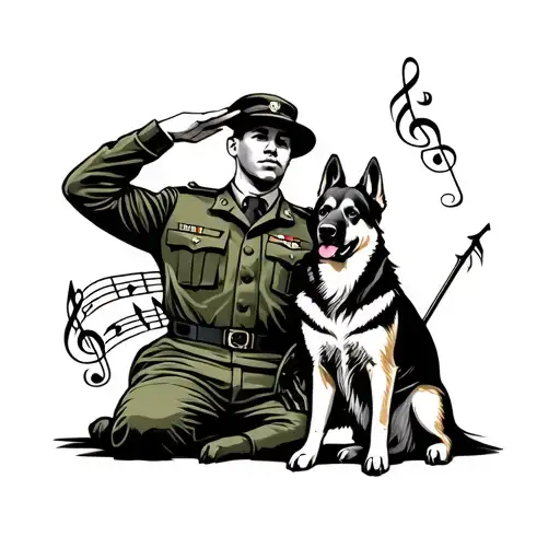 A military veteran saluting with a German Shepherd standing next to them, with a music staff wrapping around them tattoo design idea