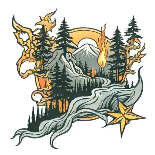 north star mountain path forest fire tattoo design idea