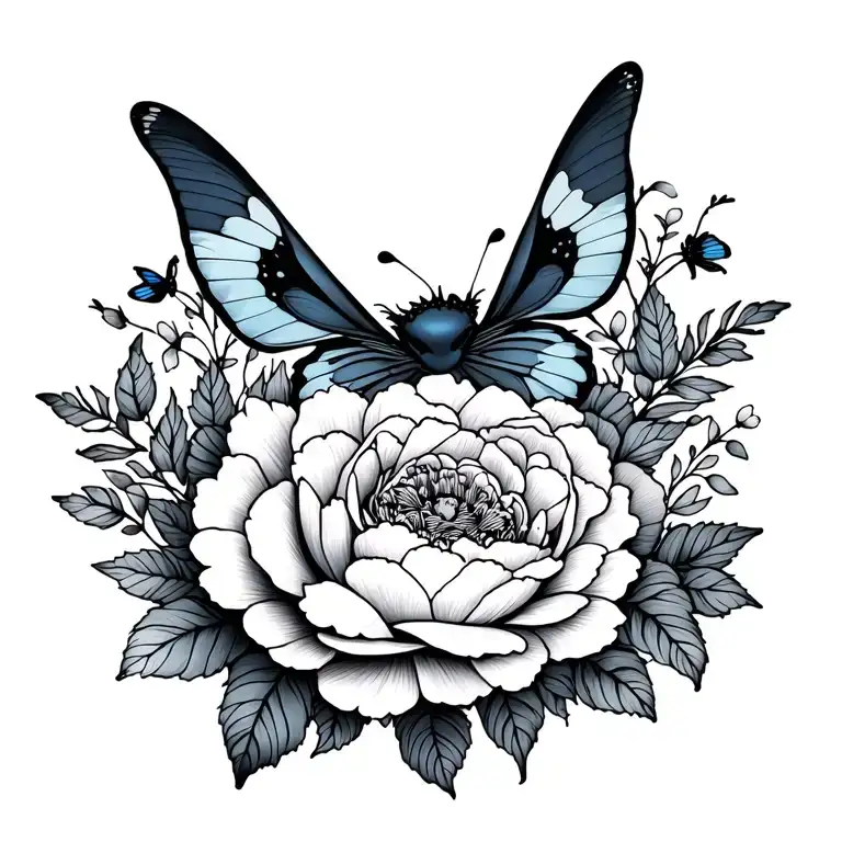 little stitch and peonies and butterfly tattoo design idea