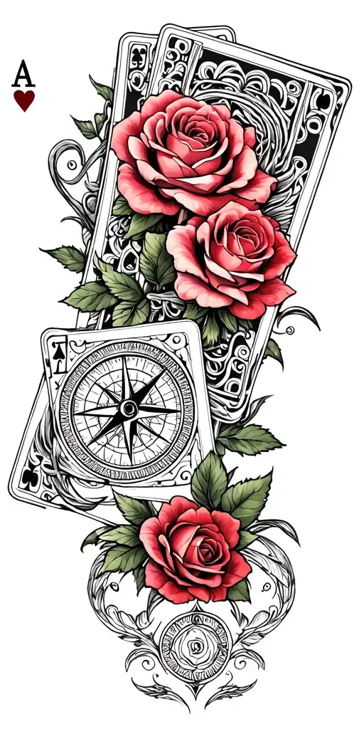 filigree design with playing cards, compass and roses tattoo design idea