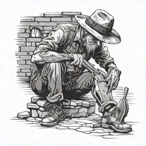 poor man with sun hat looking down and sitting down playing dobro on cobble street  tattoo design idea