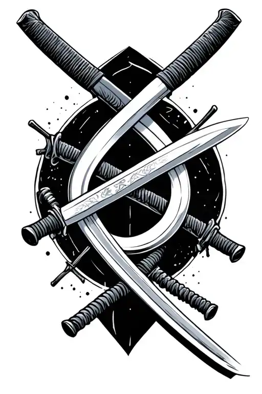 two katanas making a cross with japanese lethers for the shin tattoo design idea