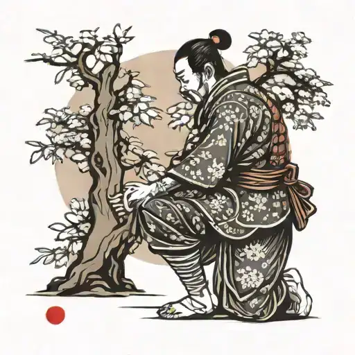 Samurai kneeling under cherry tree, in view of rising sun and morning birds tattoo design idea