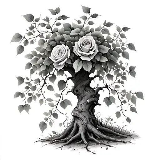 Hazel Tree with ivy vine wrapped and rose tattoo design idea