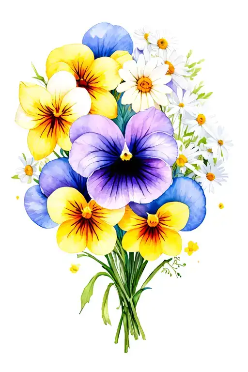 flower bouquet with pansies and daffodils and daisies tattoo design idea