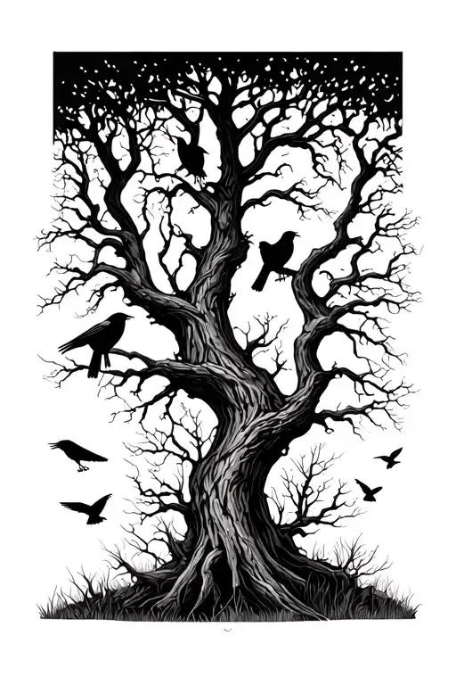 Silhouetted Forest: Twisted, leafless trees stretching upward, with ravens perched on branches and a few in flight. tattoo design idea