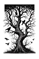 Silhouetted Forest: Twisted, leafless trees stretching upward, with ravens perched on branches and a few in flight. tattoo design idea