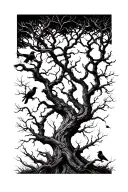 Silhouetted Forest: Twisted, leafless trees stretching upward, with ravens perched on branches and a few in flight. tattoo design idea