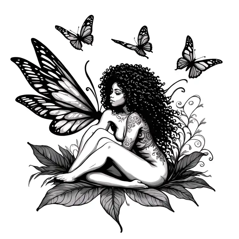 fairy sitting cross legged on a leaf trasforming with butterflies flying around. and her hair is afro tattoo design idea