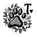 "T" dog paw print,flower and heart tattoo design idea