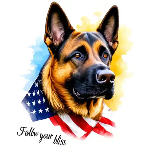 "Follow your bliss " American flag Belgium Malinois dog tattoo design idea