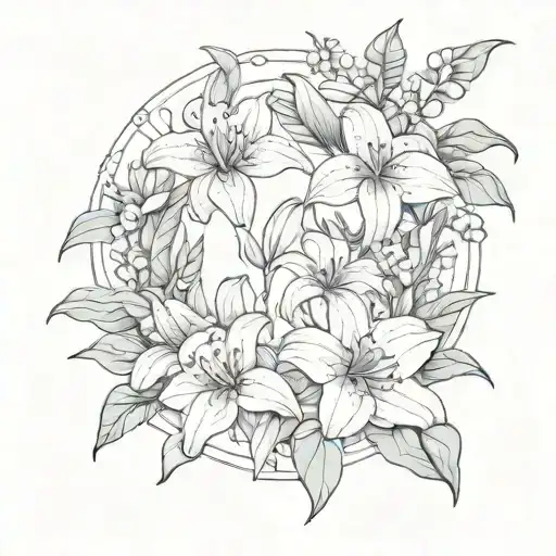 lily surrounded by jasmines, eucalyptus, and the bleeding heart flowers  tattoo design idea