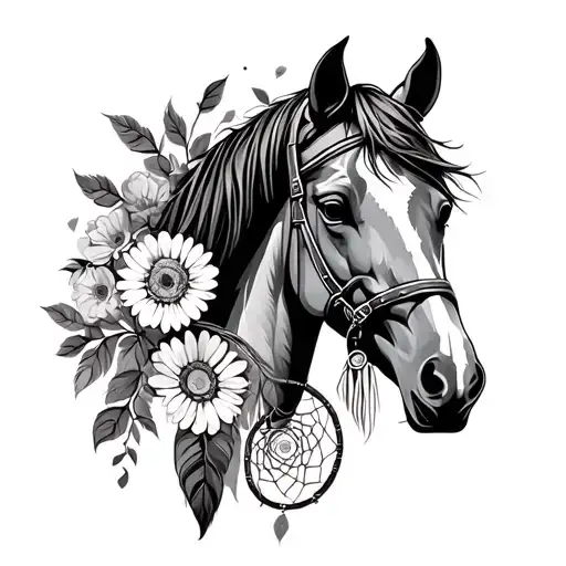 Western Flowers & Scrolls: Around the dreamcatcher and the horse, wrap some western-style flowers like roses, daisies, o tattoo design idea