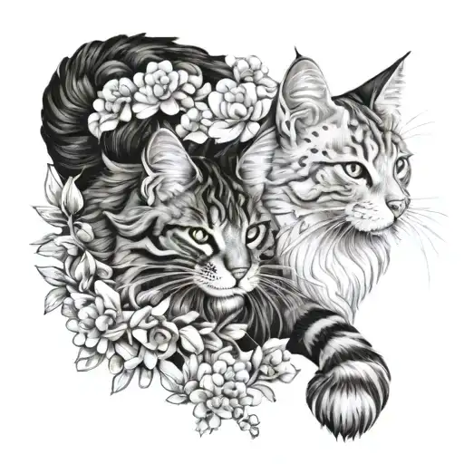 Maine Coon and white cat in flowers tattoo design idea