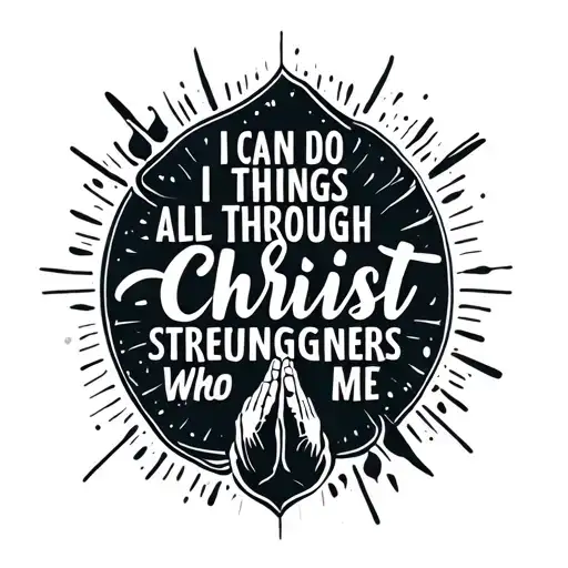 Words that say “I can do all things through Christ who strengthens me” with praying hands above tattoo design idea