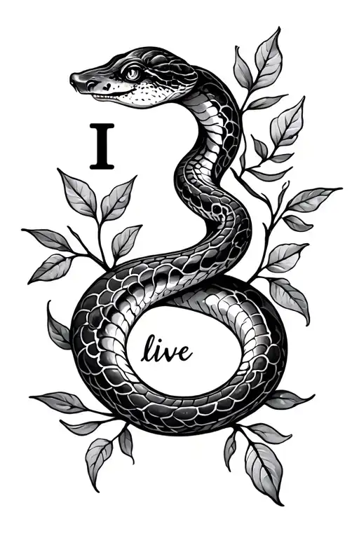 "I love life" snake in S shape with leaves tattoo design idea