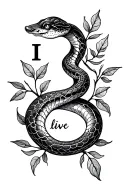 "I love life" snake in S shape with leaves tattoo design idea