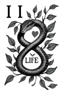 "I love life" snake in S shape with leaves tattoo design idea