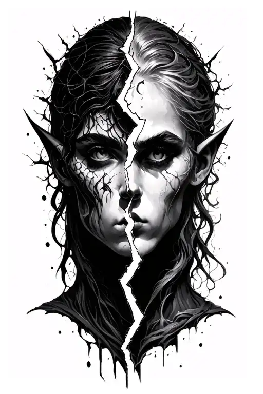 good vs evil inside representing one person. broken in time tattoo design idea