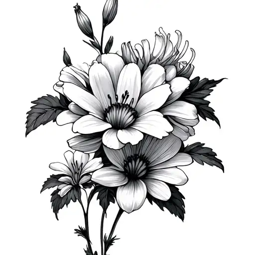 Chrysanthemum,Lily, Carnation, Morning Glory simple black tattoo design idea